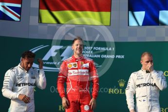 World © Octane Photographic Ltd. Formula 1 - Australian Grand Prix - Podium. Sebastian Vettel - Scuderia Ferrari SF70H, Lewis Hamilton and Valtteri Bottas - Mercedes AMG Petronas F1 W08 EQ Energy+. Albert Park Circuit. Sunday 26th March 2017. Digital Ref: 1803LB1D7381