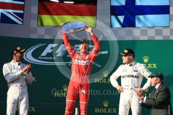 World © Octane Photographic Ltd. Formula 1 - Australian Grand Prix - Podium. Sebastian Vettel - Scuderia Ferrari SF70H, Lewis Hamilton and Valtteri Bottas - Mercedes AMG Petronas F1 W08 EQ Energy+. Albert Park Circuit. Sunday 26th March 2017. Digital Ref: 1803LB1D7546