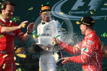 World © Octane Photographic Ltd. Formula 1 - Australian Grand Prix - Podium. Sebastian Vettel - Scuderia Ferrari SF70H, Lewis Hamilton and Valtteri Bottas - Mercedes AMG Petronas F1 W08 EQ Energy+. Albert Park Circuit. Sunday 26th March 2017. Digital Ref: 1803LB1D7651