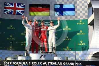 World © Octane Photographic Ltd. Formula 1 - Australian Grand Prix - Podium. Sebastian Vettel - Scuderia Ferrari SF70H, Lewis Hamilton and Valtteri Bottas - Mercedes AMG Petronas F1 W08 EQ Energy+. Albert Park Circuit. Sunday 26th March 2017. Digital Ref: 1803LB1D7846