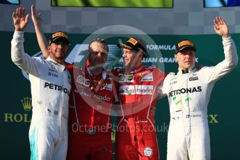 World © Octane Photographic Ltd. Formula 1 - Australian Grand Prix - Podium. Sebastian Vettel - Scuderia Ferrari SF70H, Lewis Hamilton and Valtteri Bottas - Mercedes AMG Petronas F1 W08 EQ Energy+. Albert Park Circuit. Sunday 26th March 2017. Digital Ref: 1803LB1D7853