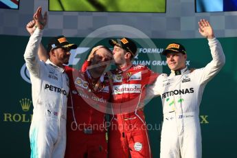 World © Octane Photographic Ltd. Formula 1 - Australian Grand Prix - Podium. Sebastian Vettel - Scuderia Ferrari SF70H, Lewis Hamilton and Valtteri Bottas - Mercedes AMG Petronas F1 W08 EQ Energy+. Albert Park Circuit. Sunday 26th March 2017. Digital Ref: 1803LB1D7866