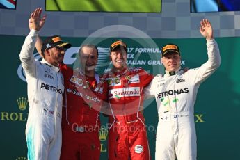 World © Octane Photographic Ltd. Formula 1 - Australian Grand Prix - Podium. Sebastian Vettel - Scuderia Ferrari SF70H, Lewis Hamilton and Valtteri Bottas - Mercedes AMG Petronas F1 W08 EQ Energy+. Albert Park Circuit. Sunday 26th March 2017. Digital Ref: 1803LB1D7881