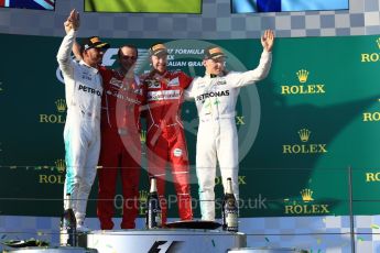 World © Octane Photographic Ltd. Formula 1 - Australian Grand Prix - Podium. Sebastian Vettel - Scuderia Ferrari SF70H, Lewis Hamilton and Valtteri Bottas - Mercedes AMG Petronas F1 W08 EQ Energy+. Albert Park Circuit. Sunday 26th March 2017. Digital Ref: 1803LB1D7888