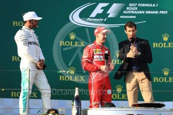 World © Octane Photographic Ltd. Formula 1 - Australian Grand Prix - Podium. Sebastian Vettel - Scuderia Ferrari SF70H, Lewis Hamilton Mercedes AMG Petronas F1 W08 EQ Energy+ and Mark Webber. Albert Park Circuit. Sunday 26th March 2017. Digital Ref: 1803LB1D7936