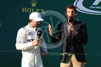 World © Octane Photographic Ltd. Formula 1 - Australian Grand Prix - Podium. Lewis Hamilton - Mercedes AMG Petronas F1 W08 EQ Energy+ and Mark Webber. Albert Park Circuit. Sunday 26th March 2017. Digital Ref: 1803LB1D7962