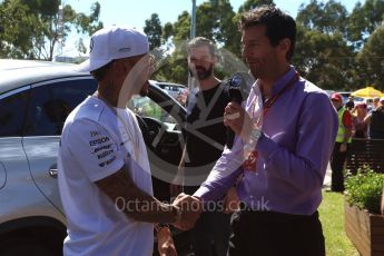 World © Octane Photographic Ltd. Formula 1 - Australian Grand Prix - Melbourne Walk. Mark Webber and Lewis Hamilton - Mercedes AMG Petronas F1 W08 EQ Energy+. Albert Park Circuit. Saturday 25th March 2017. Digital Ref: 1796LB2D4903