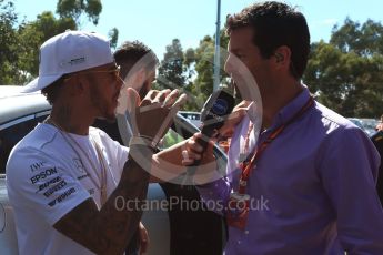 World © Octane Photographic Ltd. Formula 1 - Australian Grand Prix - Melbourne Walk. Mark Webber and Lewis Hamilton - Mercedes AMG Petronas F1 W08 EQ Energy+. Albert Park Circuit. Saturday 25th March 2017. Digital Ref: 1796LB2D4908