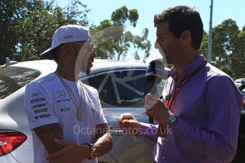 World © Octane Photographic Ltd. Formula 1 - Australian Grand Prix - Melbourne Walk. Mark Webber and Lewis Hamilton - Mercedes AMG Petronas F1 W08 EQ Energy+. Albert Park Circuit. Saturday 25th March 2017. Digital Ref: 1796LB2D4922