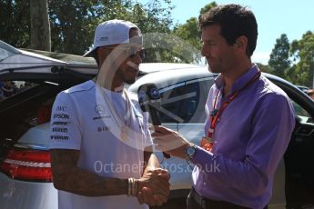 World © Octane Photographic Ltd. Formula 1 - Australian Grand Prix - Melbourne Walk. Mark Webber and Lewis Hamilton - Mercedes AMG Petronas F1 W08 EQ Energy+. Albert Park Circuit. Saturday 25th March 2017. Digital Ref: 1796LB2D4931