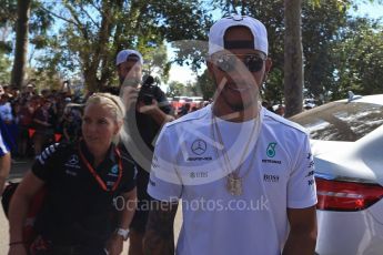 World © Octane Photographic Ltd. Formula 1 - Australian Grand Prix - Melbourne Walk. Lewis Hamilton - Mercedes AMG Petronas F1 W08 EQ Energy+. Albert Park Circuit. Saturday 25th March 2017. Digital Ref: 1796LB2D4943