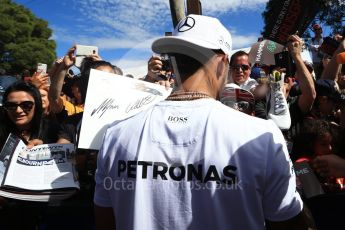 World © Octane Photographic Ltd. Formula 1 - Australian Grand Prix - Melbourne Walk. Lewis Hamilton - Mercedes AMG Petronas F1 W08 EQ Energy+. Albert Park Circuit. Saturday 25th March 2017. Digital Ref: 1796LB2D4975