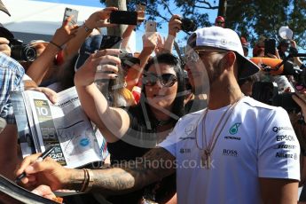 World © Octane Photographic Ltd. Formula 1 - Australian Grand Prix - Melbourne Walk. Lewis Hamilton - Mercedes AMG Petronas F1 W08 EQ Energy+. Albert Park Circuit. Saturday 25th March 2017. Digital Ref: 1796LB2D4989