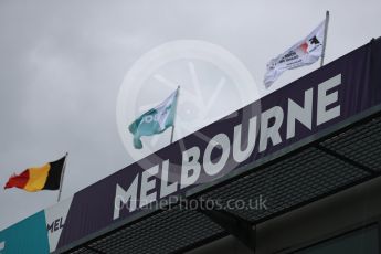 World © Octane Photographic Ltd. Formula 1 - Australian Grand Prix - Wednesday Setup. Melbourne signage with F1 flags. Albert Park Circuit. Wednesday 22nd March 2017. Digital Ref: 1788LB1D7798