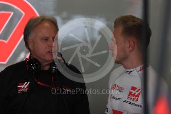 World © Octane Photographic Ltd. Formula 1 - Spanish Grand Prix Qualifying. Kevin Magnussen and Gene Haas - Founder and Chairman of Haas F1 Team - Haas F1 Team VF-17. Circuit de Barcelona - Catalunya, Spain. Saturday 13th May 2017. Digital Ref:1816LB1D1107