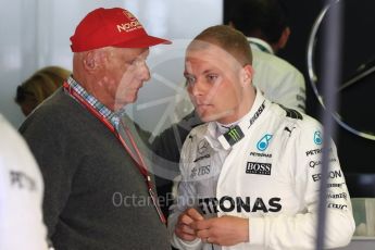 World © Octane Photographic Ltd. Formula 1 - Spanish Grand Prix Qualifying. Valtteri Bottas - Mercedes AMG Petronas F1 W08 EQ Energy+ and Niki Lauda - Non-Executive Chairman of Mercedes-Benz Motorsport. Circuit de Barcelona - Catalunya, Spain. Saturday 13th May 2017. Digital Ref:1816LB1D1493