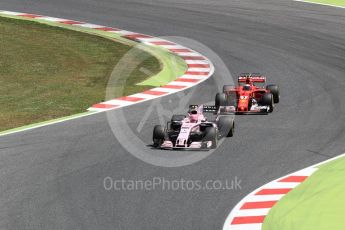 World © Octane Photographic Ltd. Formula 1 - Spanish Grand Prix Qualifying. Esteban Ocon - Sahara Force India VJM10 and Kimi Raikkonen - Scuderia Ferrari SF70H. Circuit de Barcelona - Catalunya, Spain. Saturday 13th May 2017. Digital Ref: 1818LB1D1893