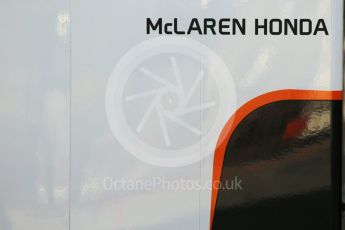 World © Octane Photographic Ltd. Formula 1 - Winter Test 2. McLaren Honda garage boards. Circuit de Barcelona-Catalunya. Tuesday 7th March 2017. Digital Ref :1784CB1D5052