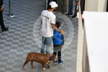 World © Octane Photographic Ltd. Formula 1 - Winter Test 2. Lewis Hamilton with his dog Rosco - Mercedes AMG Petronas F1 W08 EQ Energy+. Circuit de Barcelona-Catalunya. Tuesday 7th March 2017. Digital Ref :1784CB1D5080