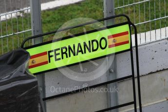 World © Octane Photographic Ltd. Formula 1 - Winter Test 2. Fernando Alonso's pit board - McLaren Honda MCL32. Circuit de Barcelona-Catalunya. Wednesday 8th March 2017. Digital Ref: 1785CB1D5555