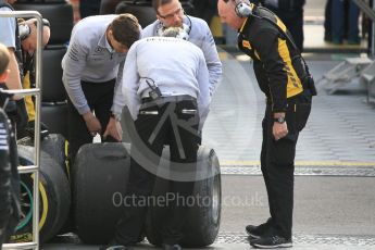 World © Octane Photographic Ltd. Formula 1 - Winter Test 1. Mercedes AMG Petronas team and Pirelli examining worn tyres. Circuit de Barcelona-Catalunya. Tuesday 28th February2017. Digital Ref :1781CB1D4041