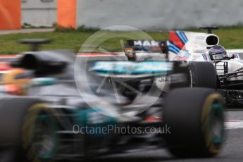 World © Octane Photographic Ltd. Formula 1 - Winter Test 1. Lance Stroll - Williams Martini Racing FW40 and Lewis Hamilton - Mercedes AMG Petronas F1 W08 EQ Energy+. Circuit de Barcelona-Catalunya. Tuesday 28th February2017. Digital Ref :1781CB1D7347