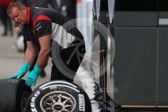 World © Octane Photographic Ltd. Formula 1 - Winter Test 1. Haas F1 Team crew member cleaning a set of wheels. Circuit de Barcelona-Catalunya. Tuesday 28th February2017. Digital Ref :1781CB1D7846