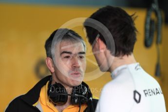 World © Octane Photographic Ltd. Formula 1 - Winter Test 1. Nick Chester – Chassis Technical Director of Renault Sport F1 Team talks with Jolyon Palmer. Circuit de Barcelona-Catalunya. Wednesday 1st March 2017. Digital Ref : 1782LB1D0058