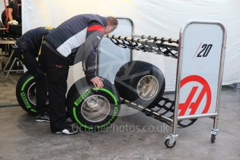 World © Octane Photographic Ltd. Formula 1 - Winter Test 1. Setting up for the wet track testing - Haas load up their intermediate tyres. Circuit de Barcelona-Catalunya. Thursday 2nd March 2017. Digital Ref : 1783CB1D8698