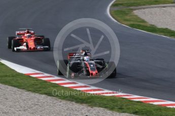 World © Octane Photographic Ltd. Formula 1 - Winter Test 1. Kimi Raikkonen - Scuderia Ferrari SF70H and Romain Grosjean - Haas F1 Team VF-17. Circuit de Barcelona-Catalunya. Thursday 2nd March 2017. Digital Ref :1783CB1D9636