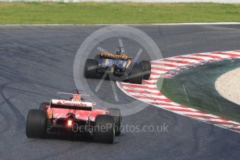 World © Octane Photographic Ltd. Formula 1 - Winter Test 1. Kimi Raikkonen - Scuderia Ferrari SF70H and Romain Grosjean - Haas F1 Team VF-17. Circuit de Barcelona-Catalunya. Thursday 2nd March 2017. Digital Ref :1783CB1D9650