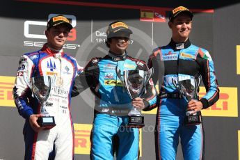 World © Octane Photographic Ltd. GP3 - Race 2. Arjun Maini (1st) – Jenzer Motorsport, Dorian Boccolacci (2nd) – Trident and Allessio Lorando (3rd) – Jenzer Motorsport. Circuit de Barcelona - Catalunya, Spain. Sunday 14th May 2017. Digital Ref:1821LB1D3163