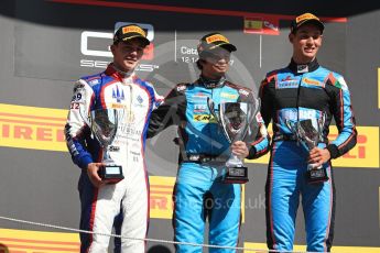 World © Octane Photographic Ltd. GP3 - Race 2. Arjun Maini (1st) – Jenzer Motorsport, Dorian Boccolacci (2nd) – Trident and Allessio Lorando (3rd) – Jenzer Motorsport. Circuit de Barcelona - Catalunya, Spain. Sunday 14th May 2017. Digital Ref:1821LB1D3174