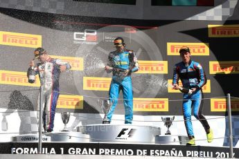 World © Octane Photographic Ltd. GP3 - Race 2. Arjun Maini (1st) – Jenzer Motorsport, Dorian Boccolacci (2nd) – Trident and Allessio Lorando (3rd) – Jenzer Motorsport. Circuit de Barcelona - Catalunya, Spain. Sunday 14th May 2017. Digital Ref:1821LB1D3205