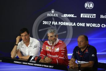 World © Octane Photographic Ltd. Formula 1 - Italian Grand Prix – Friday Team Press Conference – Part 1. Maurizio Arrivabene – Managing Director and Team Principal of Scuderia Ferrari, Frederic Vasseur – Team Principal and CEO of Sauber Motorsport AG and Toto Wolff - Executive Director & Head of Mercedes-Benz Motorsport. Monza, Italy. Friday 1st September 2017. Digital Ref: 1940LB2D8340