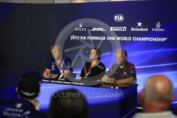 World © Octane Photographic Ltd. Formula 1 - Italian Grand Prix – Friday Team Press Conference – Part 2. Robert Fernley - Deputy Team Principal of Sahara Force India, Gene Haas - Founder and Chairman of Haas F1 Team and Claire Williams - Deputy Team Principal of Williams Martini Racing. Monza, Italy. Friday 1st September 2017. Digital Ref: 1940LB2D8402