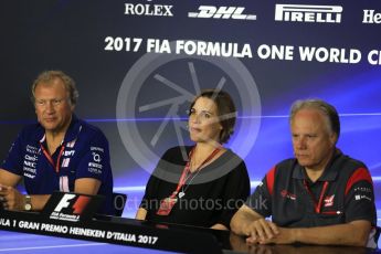 World © Octane Photographic Ltd. Formula 1 - Italian Grand Prix – Friday Team Press Conference – Part 2. Robert Fernley - Deputy Team Principal of Sahara Force India, Gene Haas - Founder and Chairman of Haas F1 Team and Claire Williams - Deputy Team Principal of Williams Martini Racing. Monza, Italy. Friday 1st September 2017. Digital Ref: 1940LB2D8406