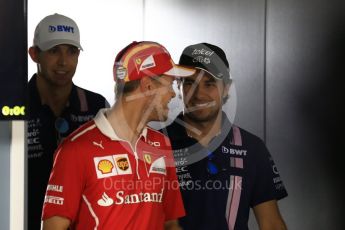 World © Octane Photographic Ltd. Formula 1 - Italian Grand Prix – Thursday Driver Press Conference – Part 1. Esteban Ocon and Sergio Perez - Sahara Force India, Sebastian Vettel - Scuderia Ferrari. Monza, Italy. Thursday 31st August 2017. Digital Ref: 1935LB2D7755