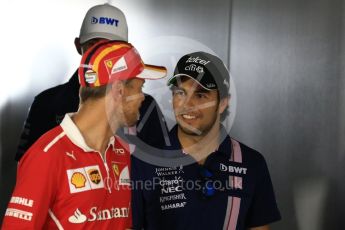 World © Octane Photographic Ltd. Formula 1 - Italian Grand Prix – Thursday Driver Press Conference – Part 1. Esteban Ocon and Sergio Perez - Sahara Force India, Sebastian Vettel - Scuderia Ferrari. Monza, Italy. Thursday 31st August 2017. Digital Ref: 1935LB2D7759