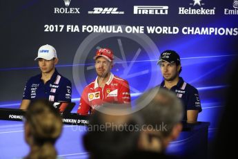 World © Octane Photographic Ltd. Formula 1 - Italian Grand Prix – Thursday Driver Press Conference – Part 1. Esteban Ocon and Sergio Perez - Sahara Force India, Sebastian Vettel - Scuderia Ferrari. Monza, Italy. Thursday 31st August 2017. Digital Ref: 1935LB2D7834