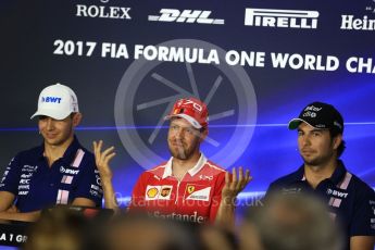 World © Octane Photographic Ltd. Formula 1 - Italian Grand Prix – Thursday Driver Press Conference – Part 1. Esteban Ocon and Sergio Perez - Sahara Force India, Sebastian Vettel - Scuderia Ferrari. Monza, Italy. Thursday 31st August 2017. Digital Ref: 1935LB2D7839