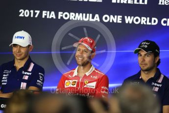 World © Octane Photographic Ltd. Formula 1 - Italian Grand Prix – Thursday Driver Press Conference – Part 1. Esteban Ocon and Sergio Perez - Sahara Force India, Sebastian Vettel - Scuderia Ferrari. Monza, Italy. Thursday 31st August 2017. Digital Ref: 1935LB2D7844