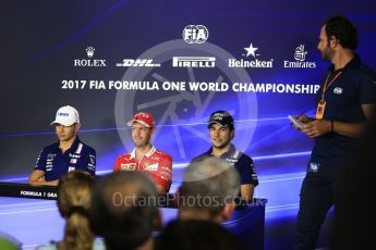 World © Octane Photographic Ltd. Formula 1 - Italian Grand Prix – Thursday Driver Press Conference – Part 1. Esteban Ocon and Sergio Perez - Sahara Force India, Sebastian Vettel - Scuderia Ferrari. Monza, Italy. Thursday 31st August 2017. Digital Ref: 1935LB2D7849