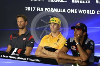 World © Octane Photographic Ltd. Formula 1 - Italian Grand Prix – Thursday Driver Press Conference – Part 2. Romain Grosjean - Haas F1 Team, Nico Hulkenberg - Renault Sport F1 Team, Carlos Sainz - Scuderia Toro Rosso. Monza, Italy. Thursday 31st August 2017. Digital Ref: 1935LB2D7863