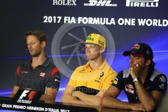 World © Octane Photographic Ltd. Formula 1 - Italian Grand Prix – Thursday Driver Press Conference – Part 2. Romain Grosjean - Haas F1 Team, Nico Hulkenberg - Renault Sport F1 Team, Carlos Sainz - Scuderia Toro Rosso. Monza, Italy. Thursday 31st August 2017. Digital Ref: 1935LB2D7868