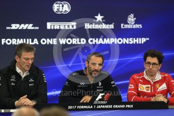 World © Octane Photographic Ltd. Formula 1 - Japanese Grand Prix – Friday Team Press Conference – Part 1. Cyril Abiteboul - Managing Director of Renault Sport Racing Formula 1 Team, James Allison - Technical Director of Mercedes-AMG Petronas Motorsport and Mattia Binotto – Chief Technical Officer - Scuderia Ferrari. Suzuka Circuit, Suzuka, Japan. Friday 6th October 2017. Digital Ref: 1974LB2D3551