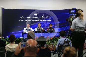 World © Octane Photographic Ltd. Formula 1 - Japanese Grand Prix – Friday Team Press Conference – Part 2. Yusuke Hasegawa – Chief of Honda F1 project, Ayao Komatsu – Haas Race Engineer and Paddy Lowe - Chief Technical Officer at Williams Martini Racing. Suzuka Circuit, Suzuka, Japan. Friday 6th October 2017. Digital Ref: 1974LB2D3568