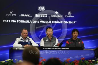 World © Octane Photographic Ltd. Formula 1 - Japanese Grand Prix – Friday Team Press Conference – Part 2. Yusuke Hasegawa – Chief of Honda F1 project, Ayao Komatsu – Haas Race Engineer and Paddy Lowe - Chief Technical Officer at Williams Martini Racing. Suzuka Circuit, Suzuka, Japan. Friday 6th October 2017. Digital Ref: 1974LB2D3572