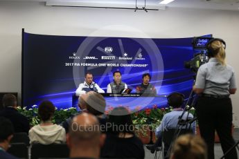 World © Octane Photographic Ltd. Formula 1 - Japanese Grand Prix – Friday Team Press Conference – Part 2. Yusuke Hasegawa – Chief of Honda F1 project, Ayao Komatsu – Haas Race Engineer and Paddy Lowe - Chief Technical Officer at Williams Martini Racing. Suzuka Circuit, Suzuka, Japan. Friday 6th October 2017. Digital Ref: 1974LB2D3577