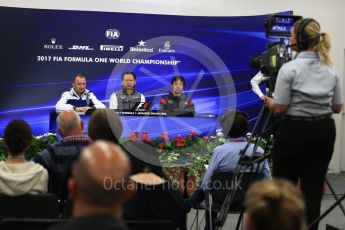 World © Octane Photographic Ltd. Formula 1 - Japanese Grand Prix – Friday Team Press Conference – Part 2. Yusuke Hasegawa – Chief of Honda F1 project, Ayao Komatsu – Haas Race Engineer and Paddy Lowe - Chief Technical Officer at Williams Martini Racing. Suzuka Circuit, Suzuka, Japan. Friday 6th October 2017. Digital Ref: 1974LB2D3587